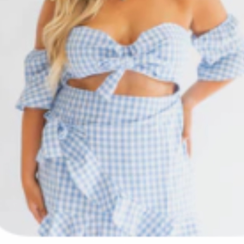 Wendy Drue Boutique cut out gingham White and blue mini dress